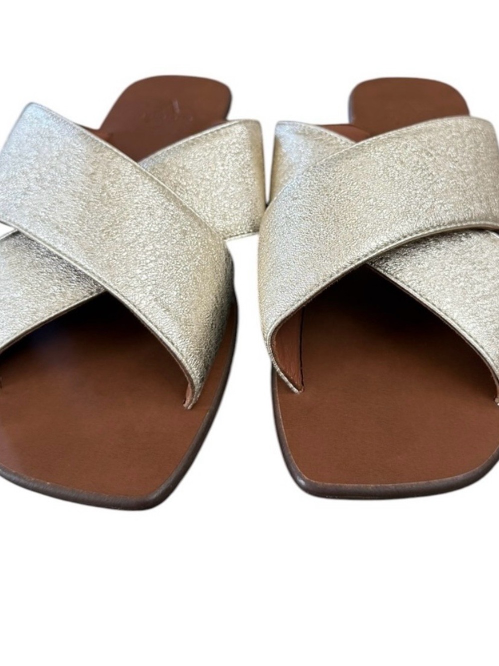 Aquatalia Metallic Gold Crisscross Leather Slide Sandals - Picture 2 of 7